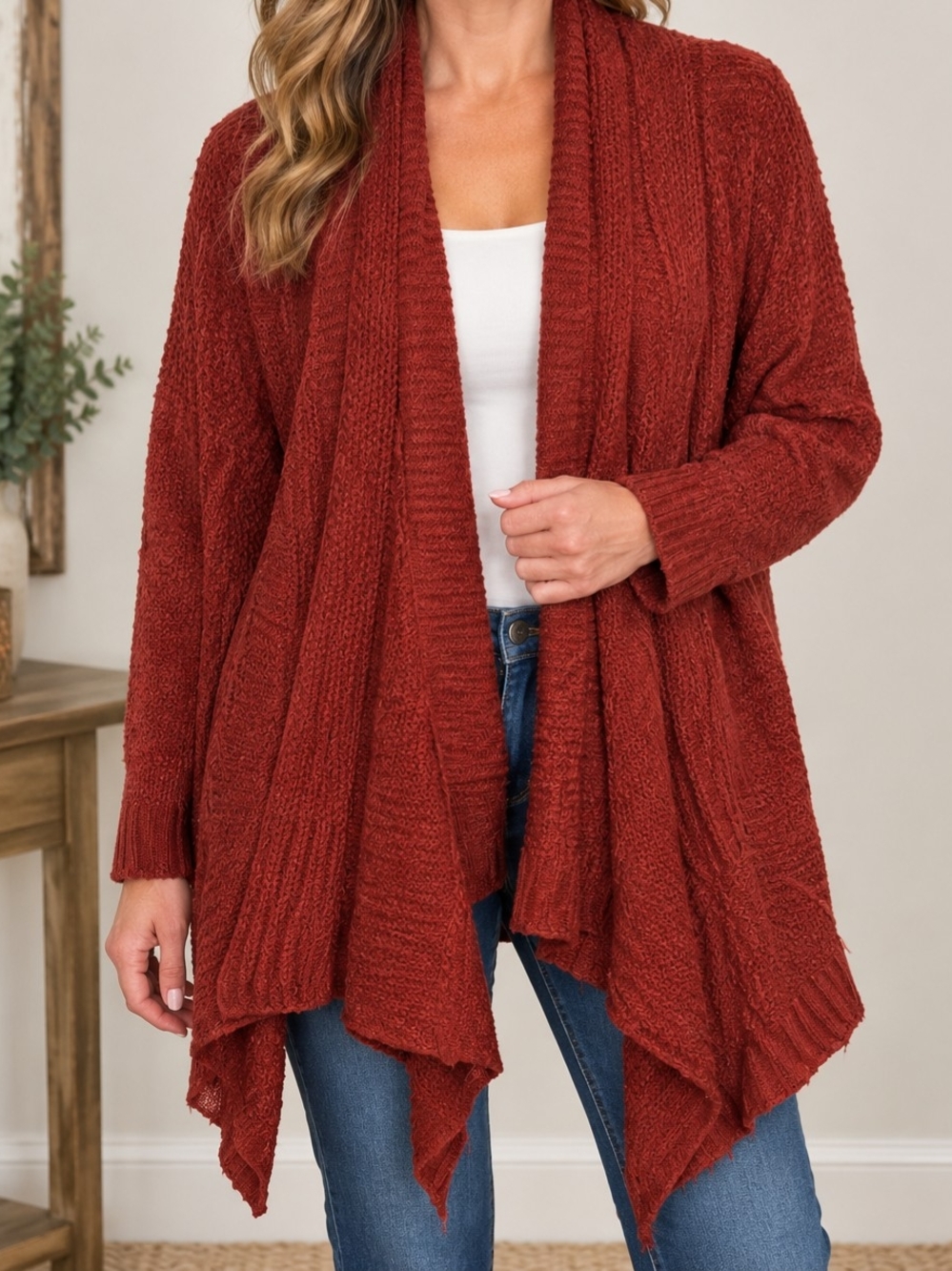 Charlotte Russe Rust Red Open-Front Waterfall Cardigan